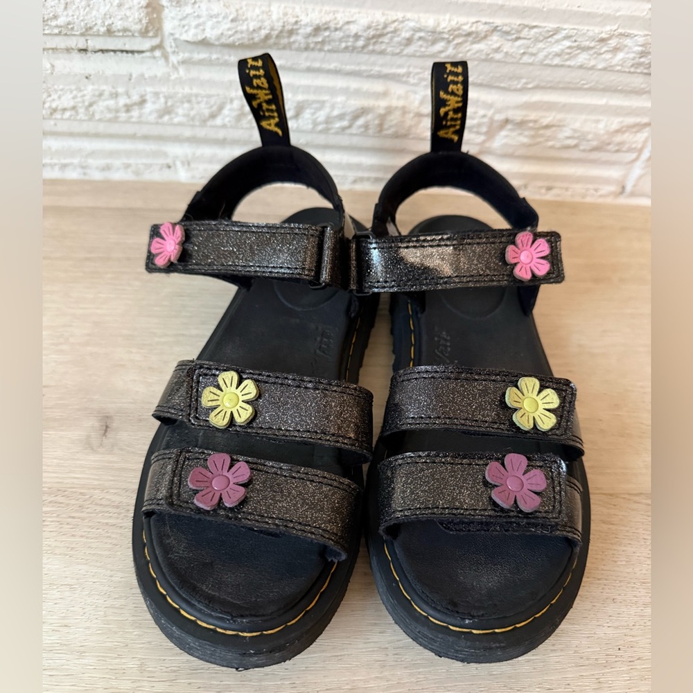 Dr. Martens size 5 Kids Black Glitter Sandals with Pink & Yellow Flower Accents